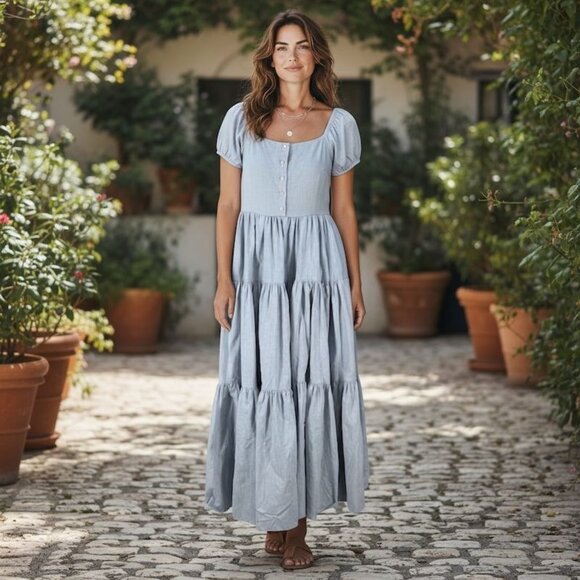 Vintage Blue Womens Peasant Dress 9/10 Denim Tiered Boho Cap Sleeve Maxi As Is - Picture 1 of 10